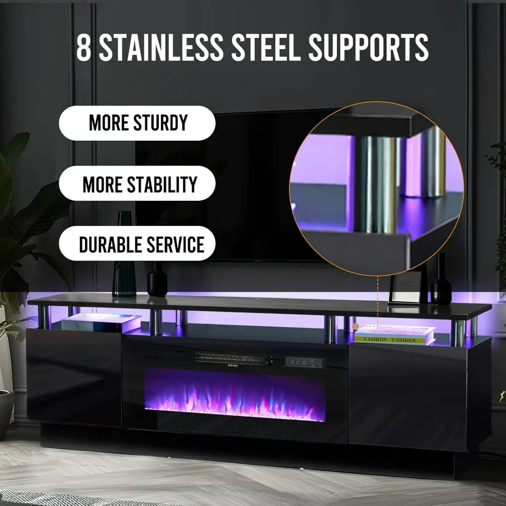 70" Modern Electric Fireplace TV Stand for TVs Up to 80 inch, with Electronic Flame and LED Lights, Luxury High Gloss Finish