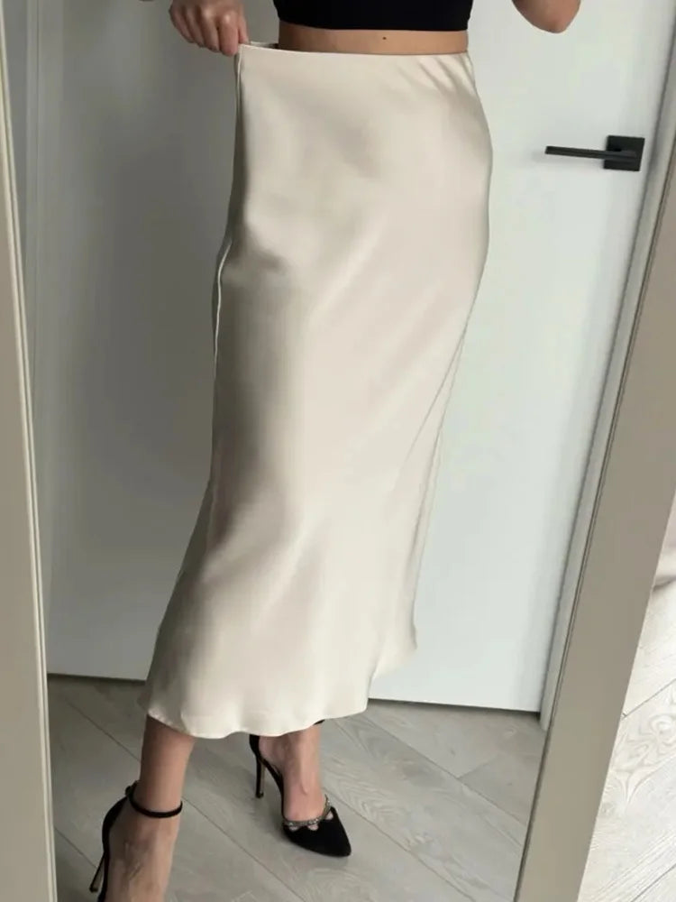 Women Summer Beige Long Skirts Trends 2024 High Waist Maxi Summer Skirt Rayon Silk Pencil Side Slit Satin Skirts For Women