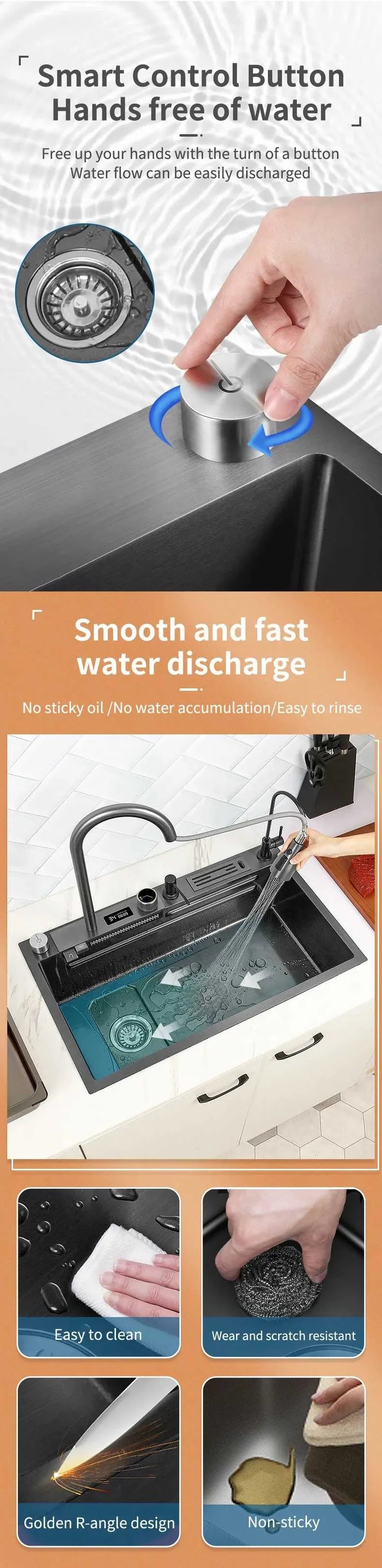 304 Stainless Steel Kitchen Waterfall Sink Digital Display Large Single Sink Dish Basin Sink With Multifunction Touch Waterfall