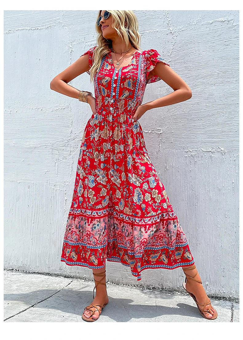 Vintage Floral Boho Printed Vestidos Women Short Sleeves V Neck Slit Midi Dresses A Line Bohemian Summer Beach Dress