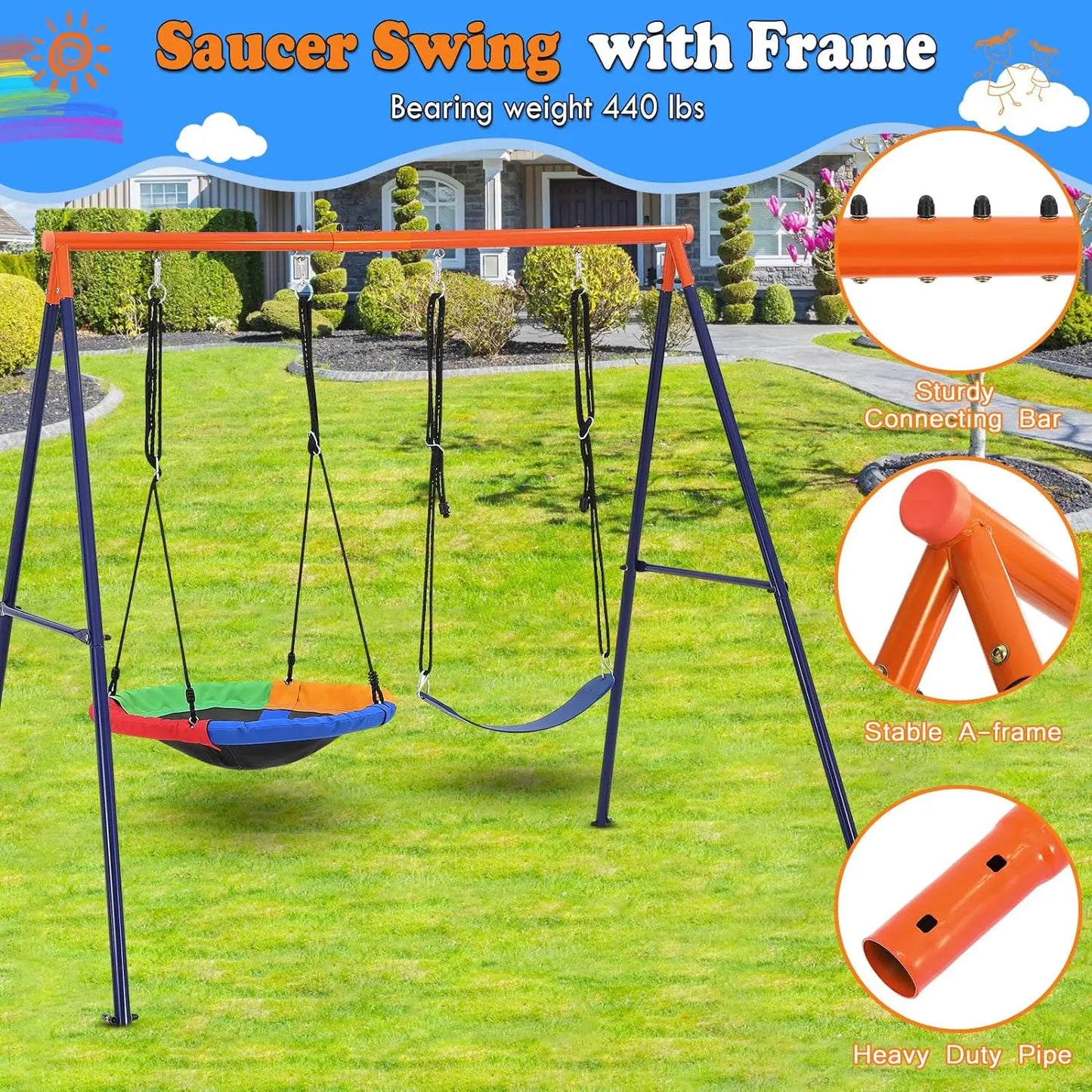 440lbs Saucer Swing Set with Heavy-Duty Metal A-Frame and Adjustable Ropes, Round Swing Sets for Backyard, Playground and Park