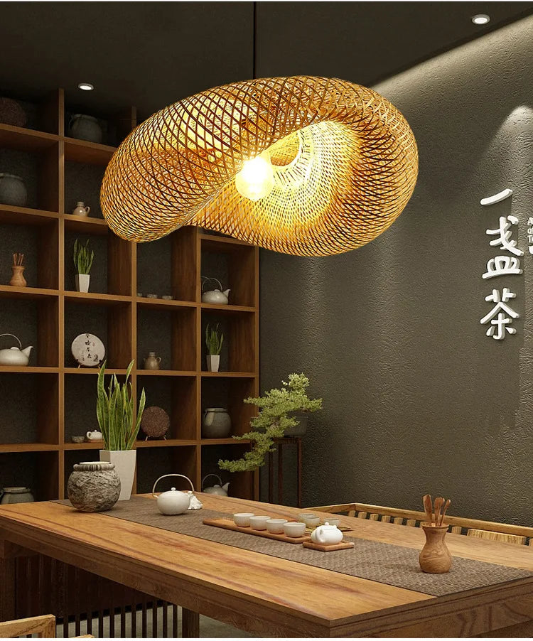 ZK30 Bamboo Weaving Chandelier Lamp 60/50/40cm Hanging LED Ceiling Light Pendant Lamp Fixtures Rattan Woven Home Bedroom Decors