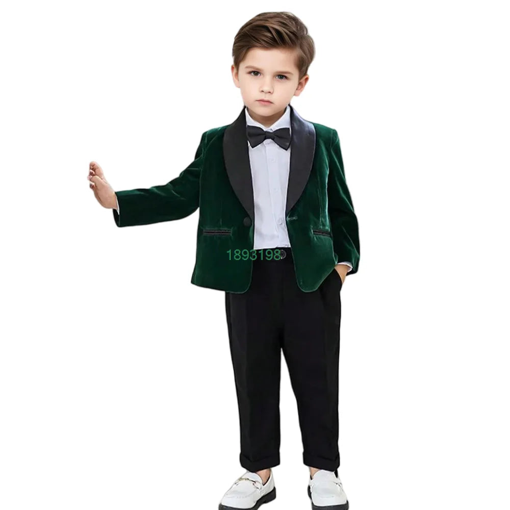 Boys Formal Velvet Suit Set Child Birthday Dress Wedding Party Photography Piano Recital Costume Kids Blazer Pants Bowtie Outfit