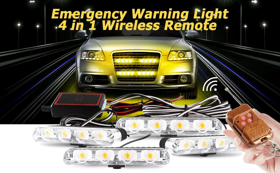 4 In 1 Red Blue Emergency Strobe Lights Police Lights 12V With Wireless Remote Control Flash Grille Light for Cars Truck Van SUV