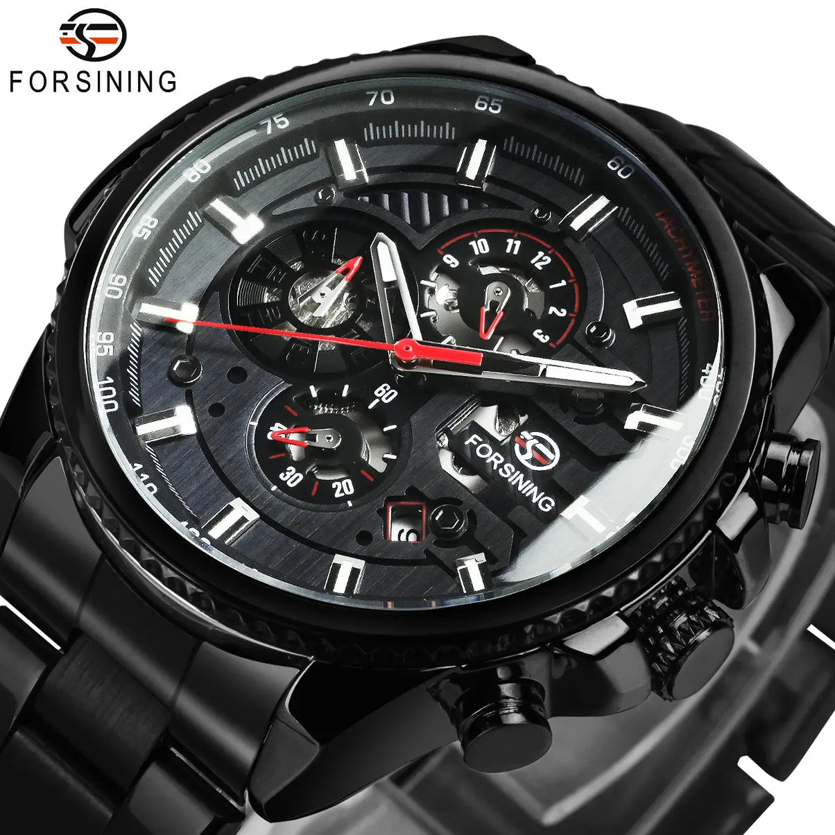 Forsining Black Sports Automatic Watch for Men Luminous Hands Military Mechanical Mens Watches Top Brand Luxury Steel Strap 2023