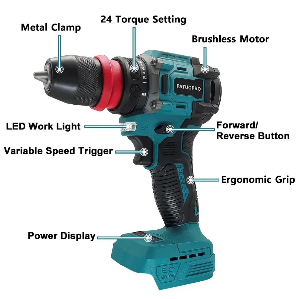 2 In 1 Cordless Electric Drill Screwdriver 24 Torque Setting Rechargeable Driver Home Handheld Power Tool For Makita 18V Battery