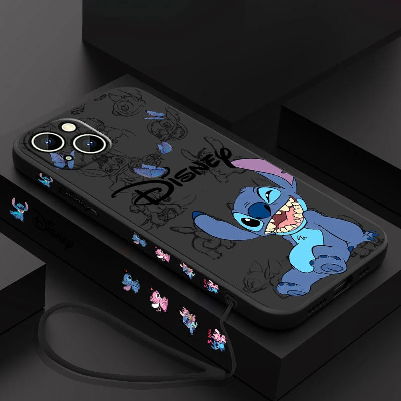 Disney Super Cute Stitch Phone Case For Apple iPhone 15 14 13 12 11 Pro Max Plus 8 7 SE Liquid Left Rope Soft Cover