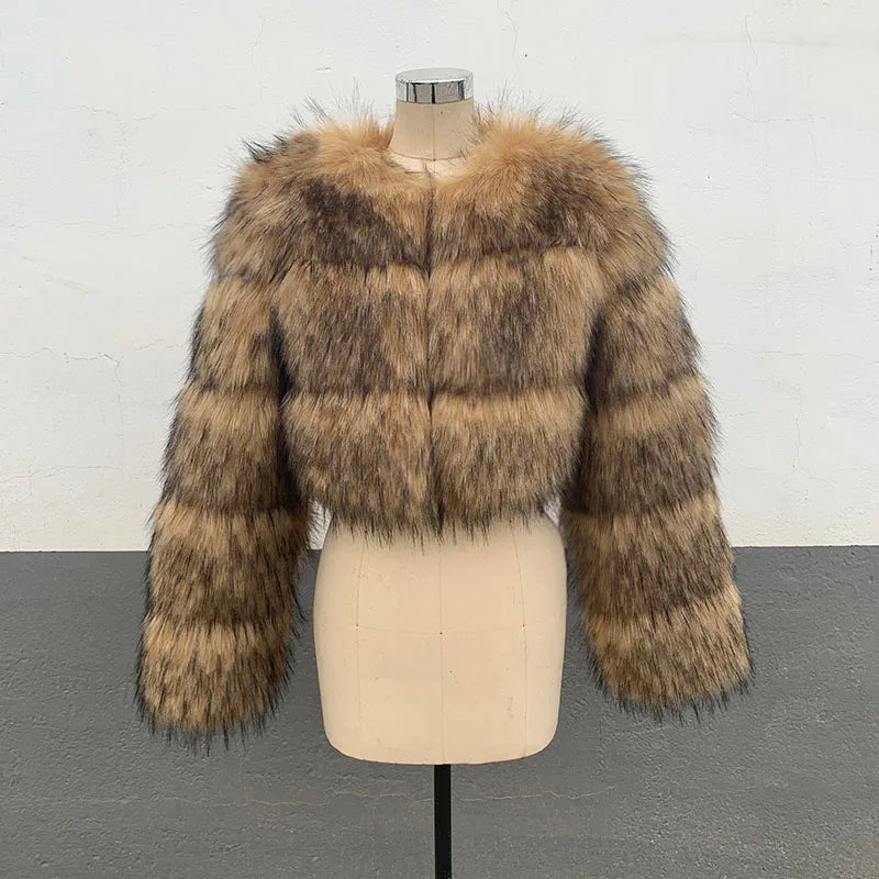 ZADORIN High Quality Cropped Faux Raccoon Fur Coat Women Winter Fashion O Neck Long Sleeve Fluffy Short Faux Fur Jacket Crop Top