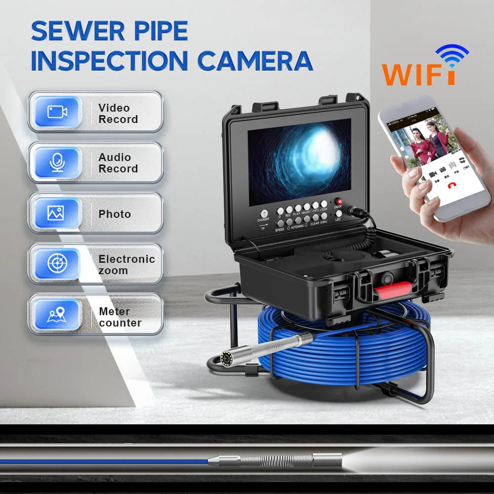 9in HD Wireless WiFi/DVR Distance Counter Sewer Pipe Inspection Camera Video Camera,Drain Industrial Endoscope with Meter Meter