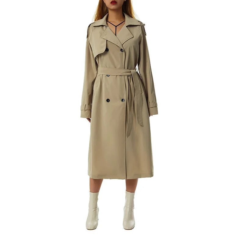 Women Vintage Long Trench Coat Classic Double-Breasted Lapel Long Sleeve Windproof Overcoat with Belt Elegant Jackets Streetwear