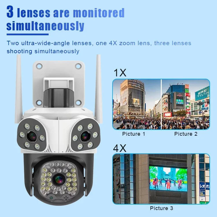 8K 15MP Three Screen WiFi Camera Outdoor HD IP CCTV Auto Tracking Security-Protection 4X Zoom 360° Outdoor Surveillance Camera