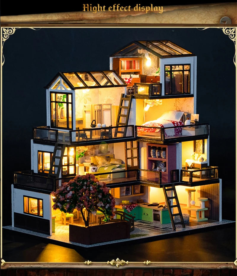 DIY Wooden Doll Houses Dream Town Casa Miniature Building Kit Villa Dollhouse with Furniture Led Lights for Girls Birthday Gifts