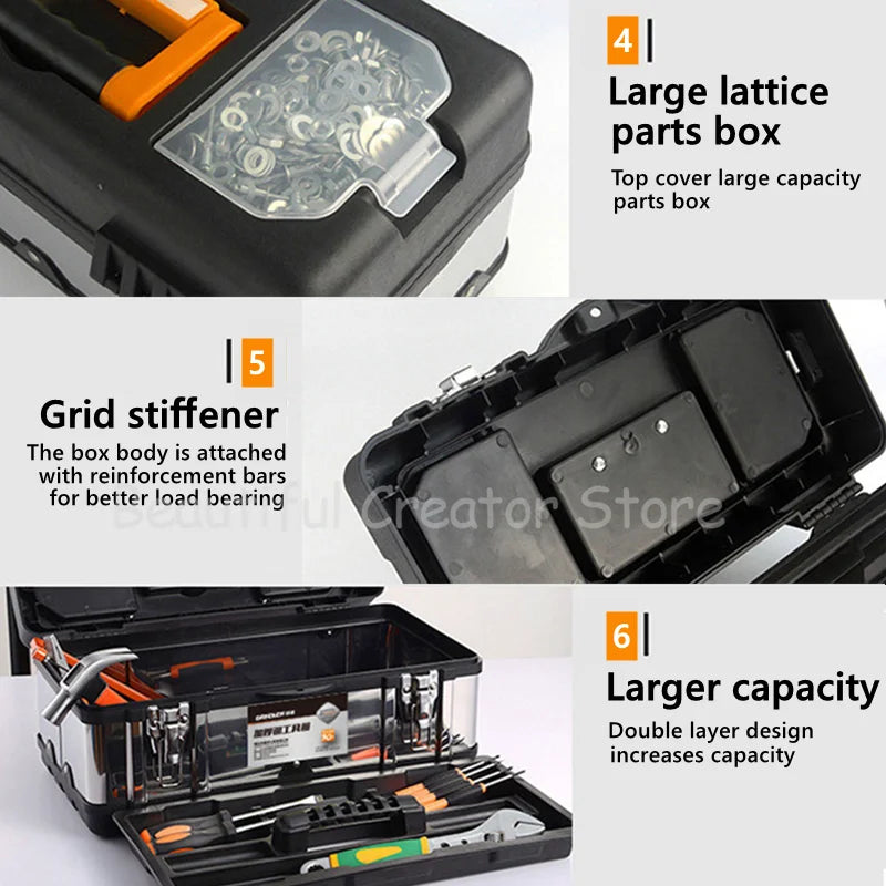 14"17"20" Toolbox Stainless Steel Tool Box Electrician Suitcase Multifunctional Household Maintenance Hardware Tool Storage Box