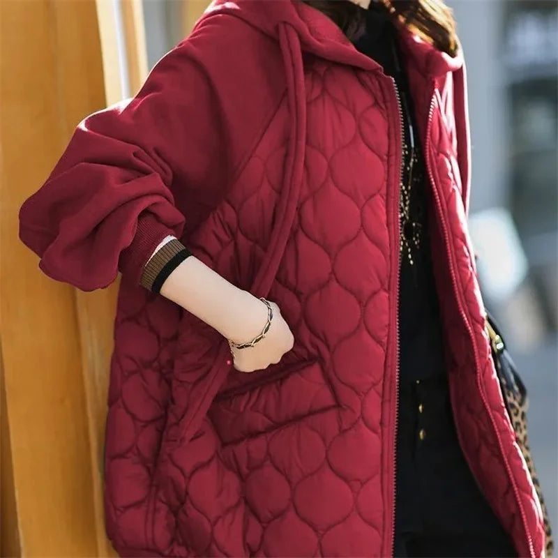 Light Down Cotton Suit 2023 Winter New Korean Version Temperament Mother Pack Padded Jacket Hooded Loose Cotton Clothes Female X