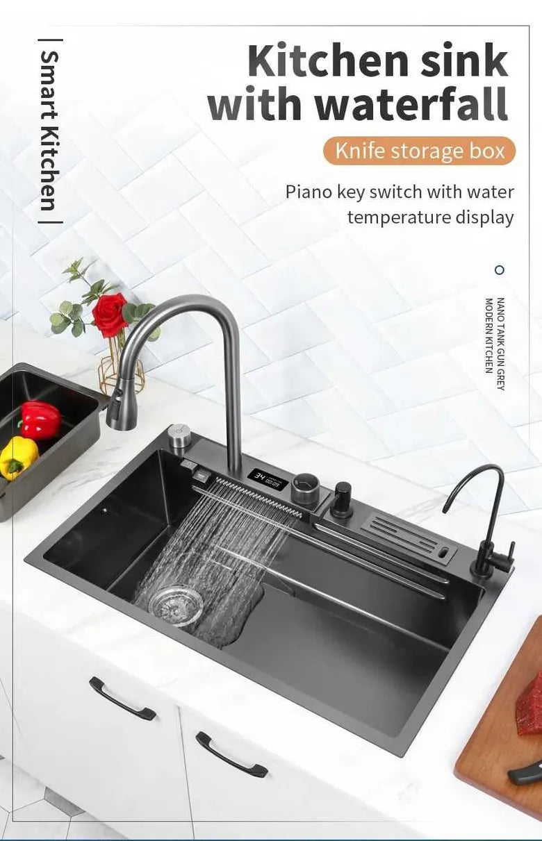 304 Stainless Steel Kitchen Waterfall Sink Digital Display Large Single Sink Dish Basin Sink With Multifunction Touch Waterfall