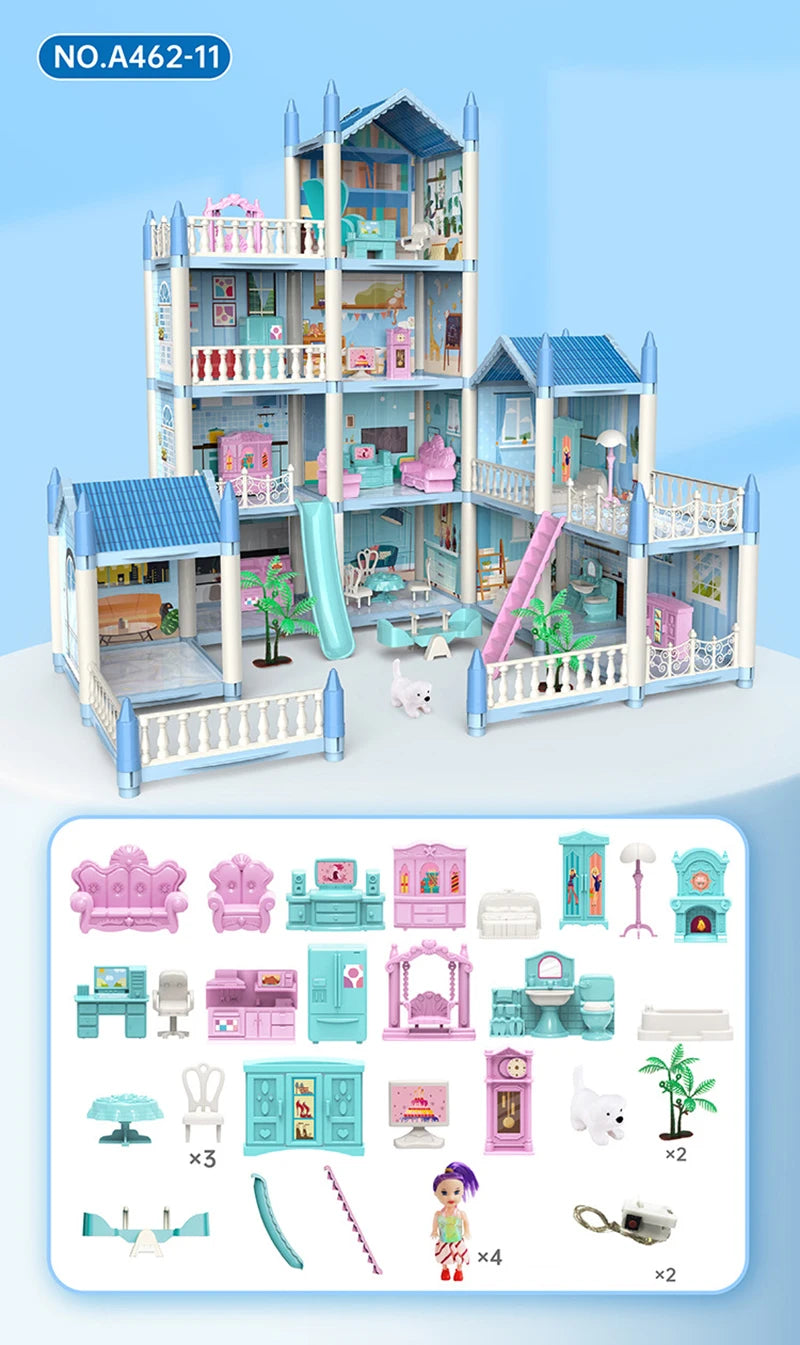 New Diy House Kit Big Dollhouse For Children Bb House Building Doll Furniture Miniature Doll Villas Girls Xmas Gifts Kids Toys