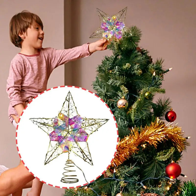 Christmas Tree Topper Star Glittered Tree-Top Star For Christmas Metal Decorative Star With Light For Christmas Tree Party