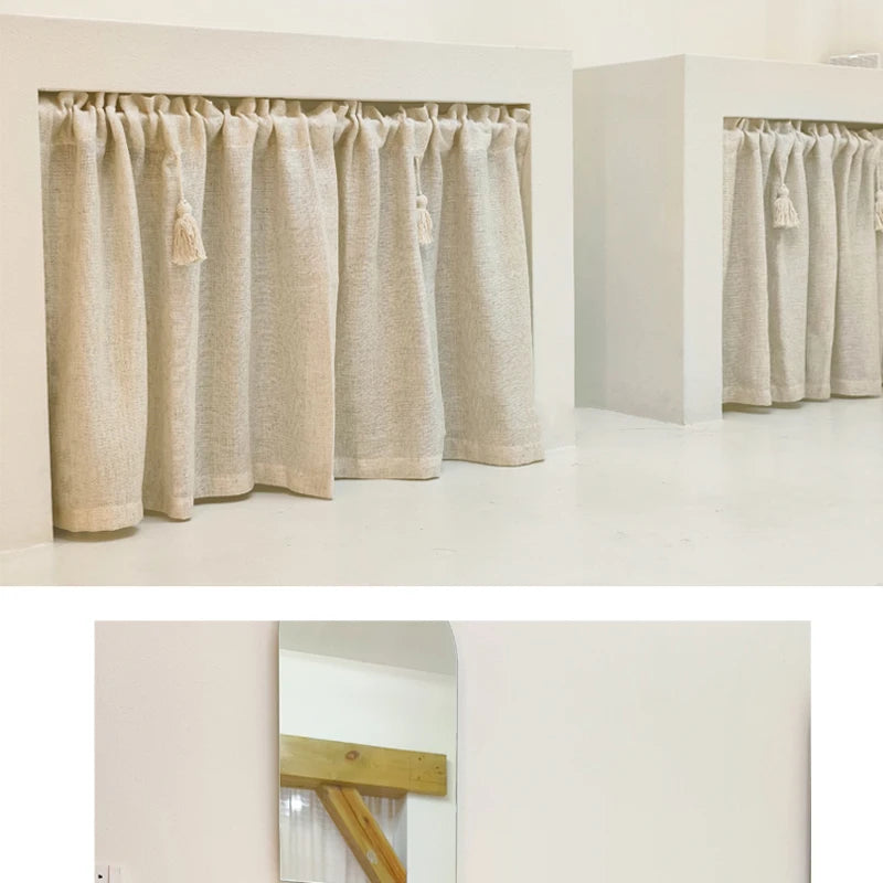 Kitchen Curtains Handmade Cotton Linen Short Curtain Tassels Window Valance Cafe Curtain Tiers for Farmhouse Bedroom Rod Pockets