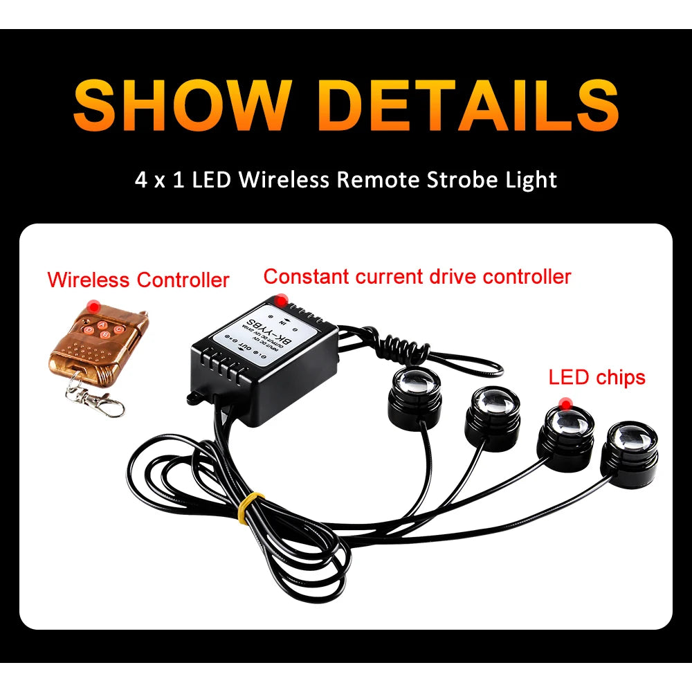 4 in 1 Car LED Eagle Eye Emergency Warning Strobe Light Wireless Remote Control Day Running Light DRL For Truck Motorcycle 12V