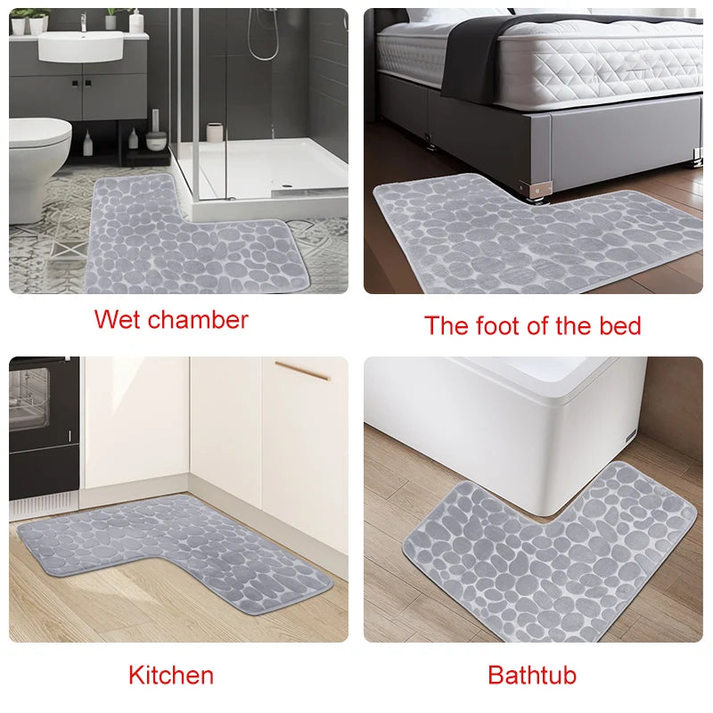 Cobblestone L-Shaped Bathroom Corner Mat Durable Water Absorption Low-Profile Floor Foot Mat Soft Non-slip Bath Mat Bathroom Rug