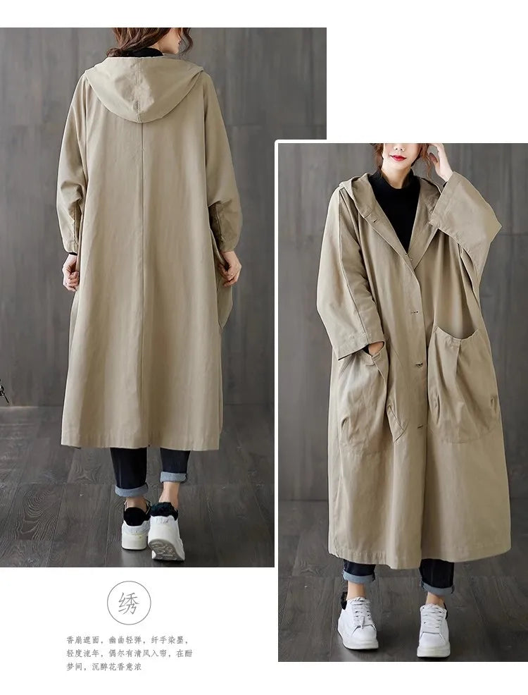 New 2024 Ladies Hooded Trench Coats Solid Loose Single-breasted Long Jacket for Daily Wear Women Windbreaker Casual Outerwear