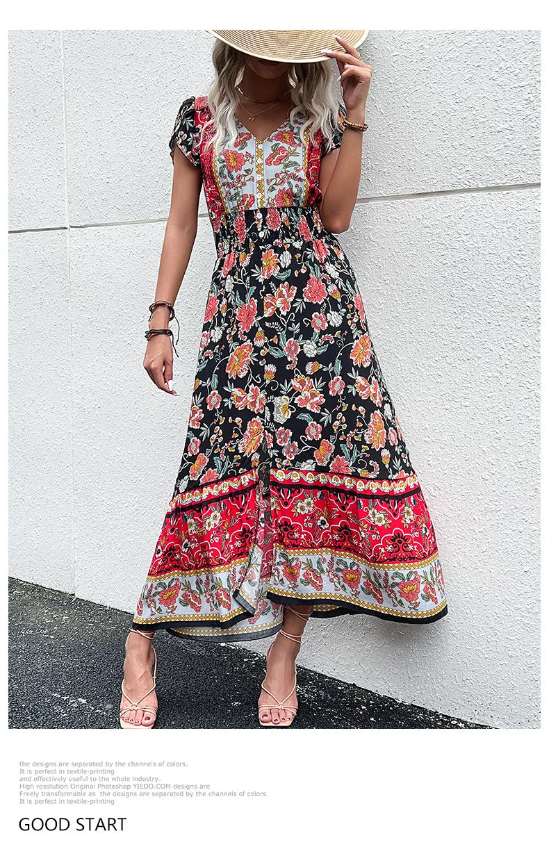 Vintage Floral Boho Printed Vestidos Women Short Sleeves V Neck Slit Midi Dresses A Line Bohemian Summer Beach Dress