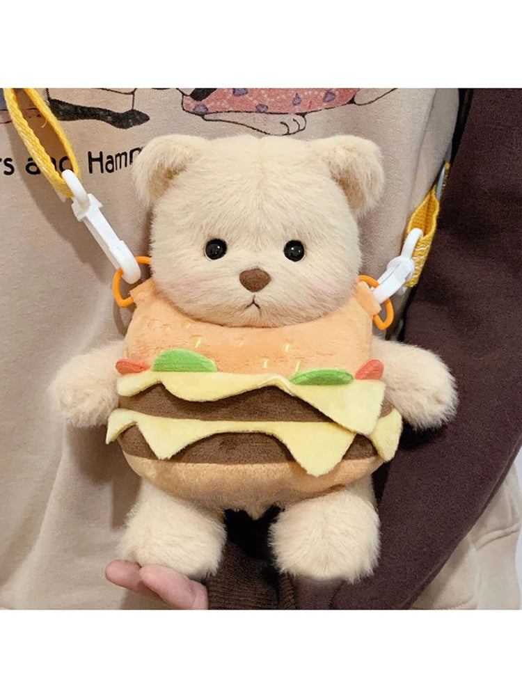 Cute Bear Crossbody Bags for Girls Soft Plush Doll Bear Shoulder Bags Lovely Girls Mini Bags Baby Infant Hamburger Toys Gifts