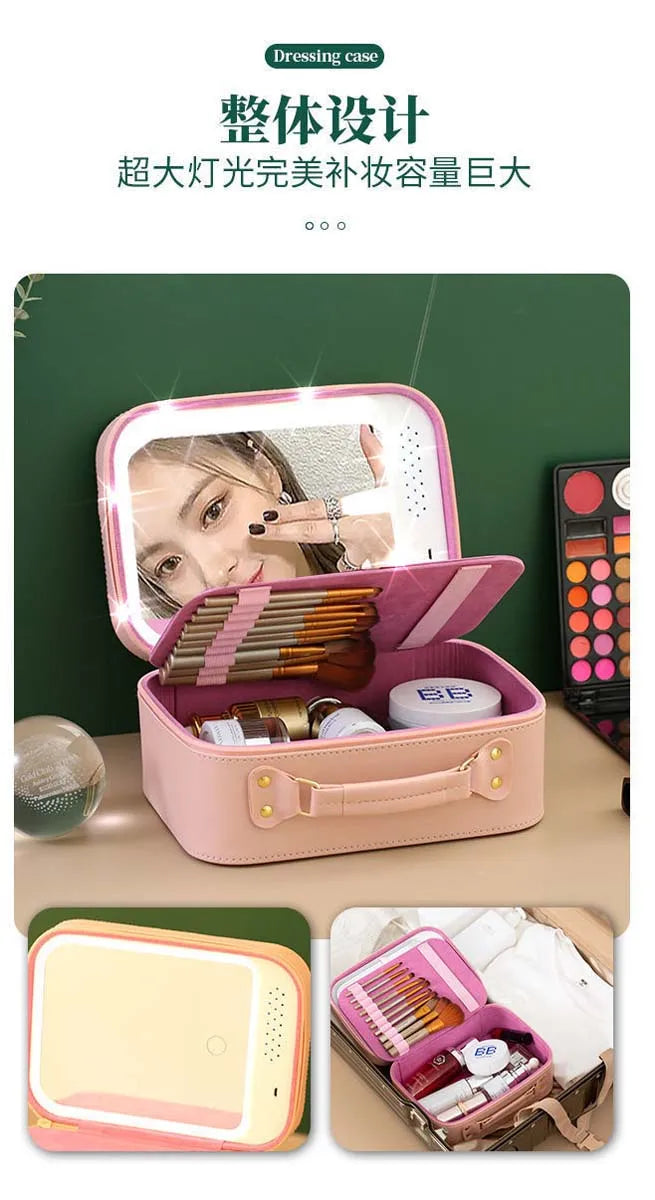 LED makeup bag with mirror large capacity cosmetics portable makeup professional with makeup box storage bag wholesale