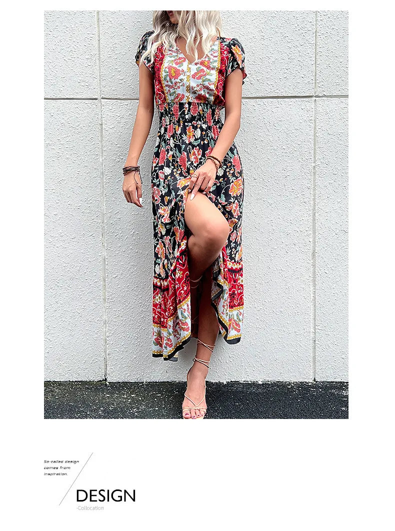 Vintage Floral Boho Printed Vestidos Women Short Sleeves V Neck Slit Midi Dresses A Line Bohemian Summer Beach Dress