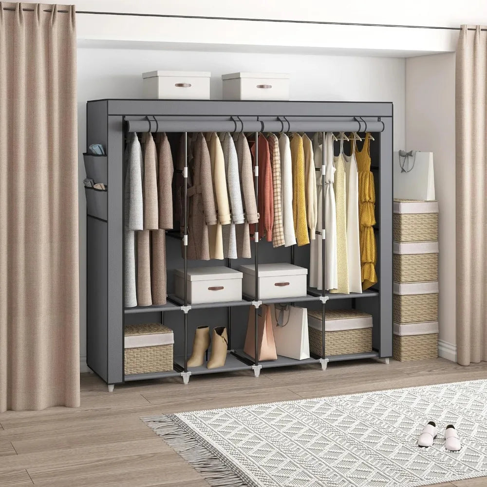 67 in Portable Closet Wardrobe for Hanging Clothes, Wardrobe Closet , 4 Hanging Rods and Side Pockets, 8 Storage Shelves