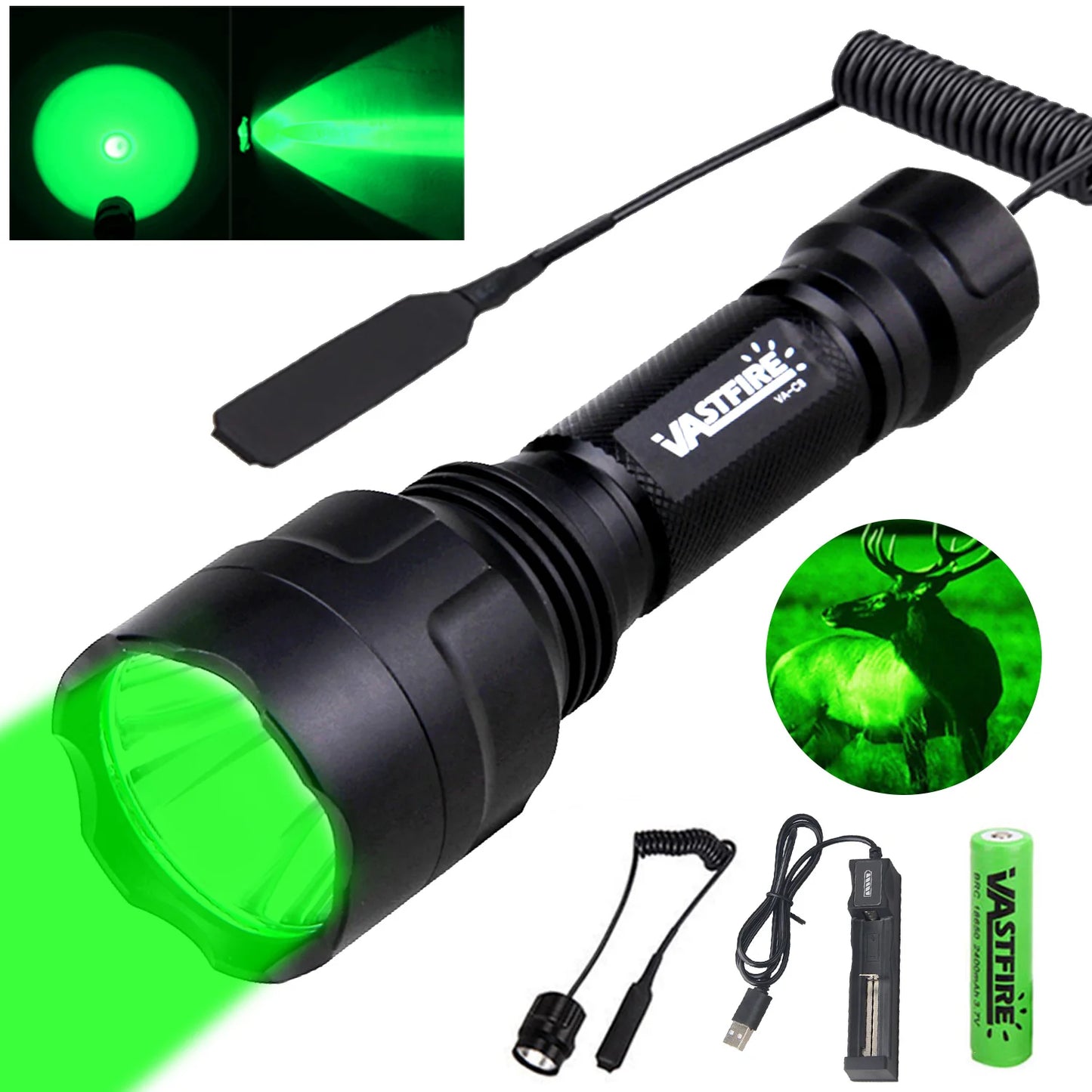 C8 Professional Tactical Flashlight Green/Red/White LED Hunting Torch 1-Mode Torch+18650+Charger+Remote Switch+Rifle Scope Mount