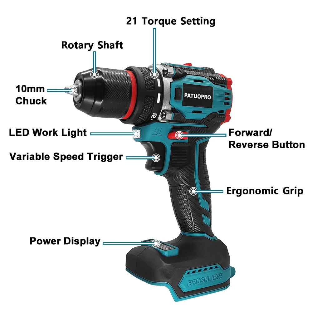 PATUOPRO 21V Wireless Brushless Electric Drill 50-80Nm Torque Power Tools Handheld Drill For Makita 18V Battery(No Battery)