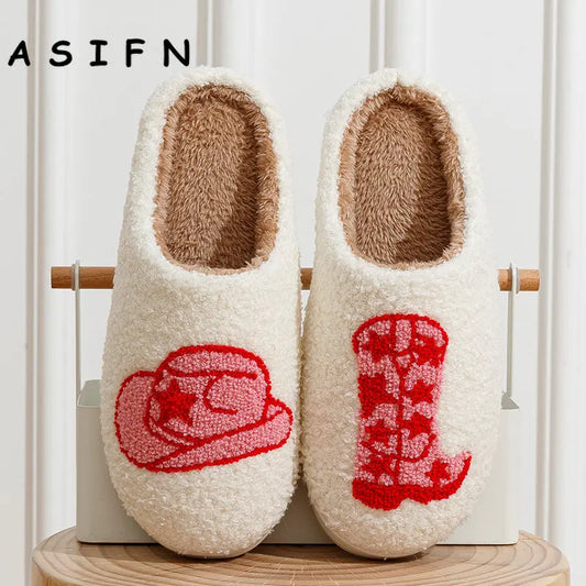 ASIFN Cute Boot Women's Slippers Cowgirl Hat Fluffy Cushion Slides Comfortable Cozy Comfy Smile Houseshoes Laides Winter Shoes