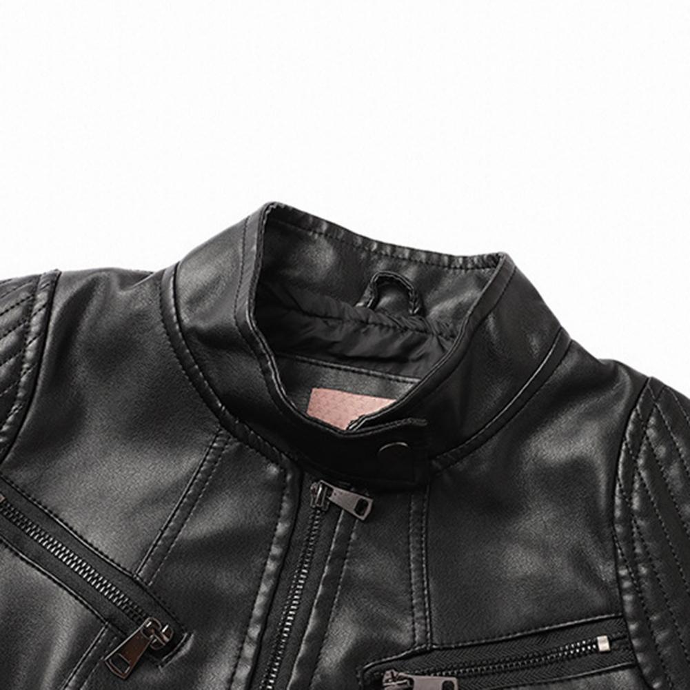 Women Leather Jacket Autumn Outwear Solid Color Slim Fit Faux Leather Jacket Stand Collar Long Sleeve Pockets Zipper Biker Coat