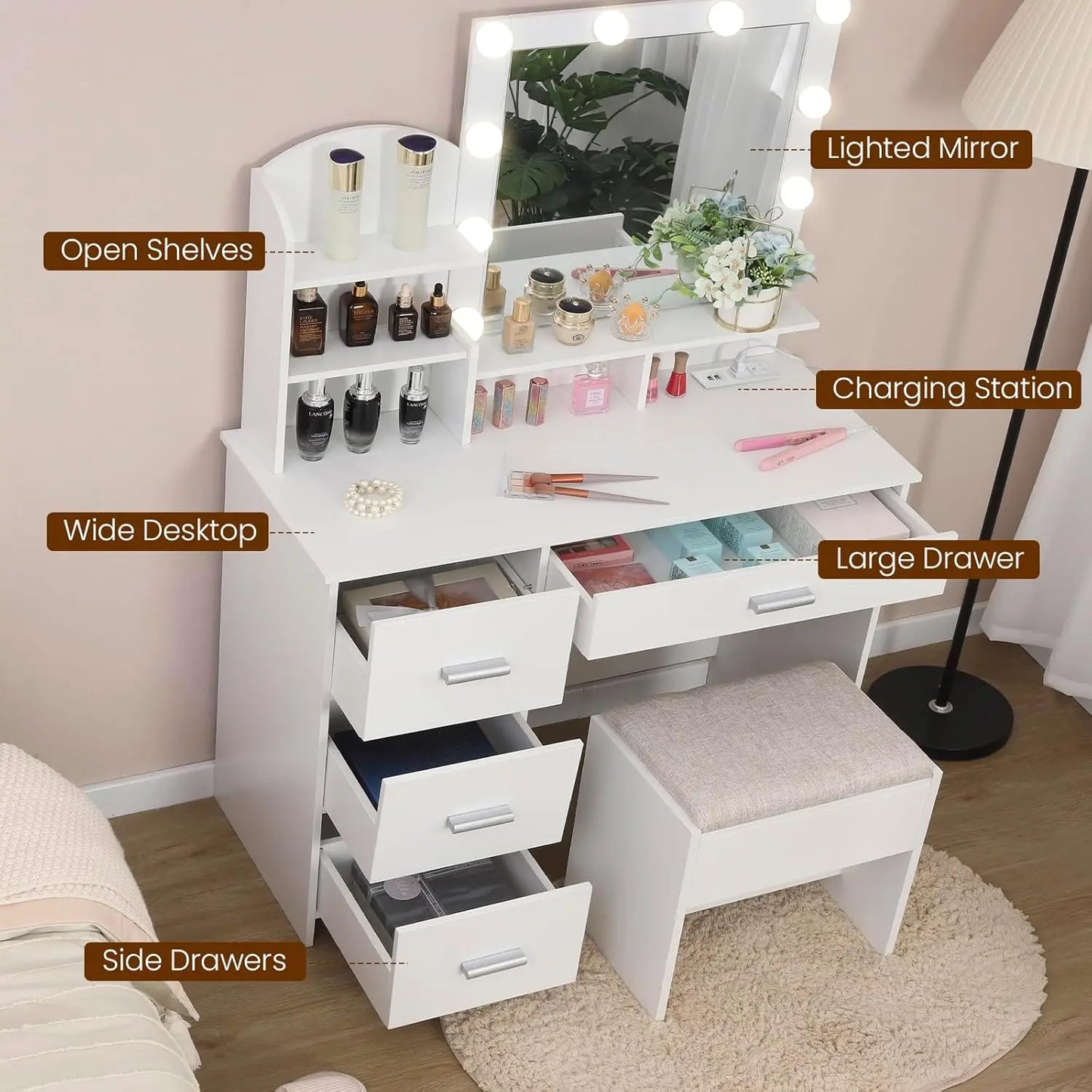 Makeup Vanity with 10 Light Bulbs and Charging Station, Vanity Desk with Lighted Mirror & 4 Drawers Chest, Vanity Set,NEW USA