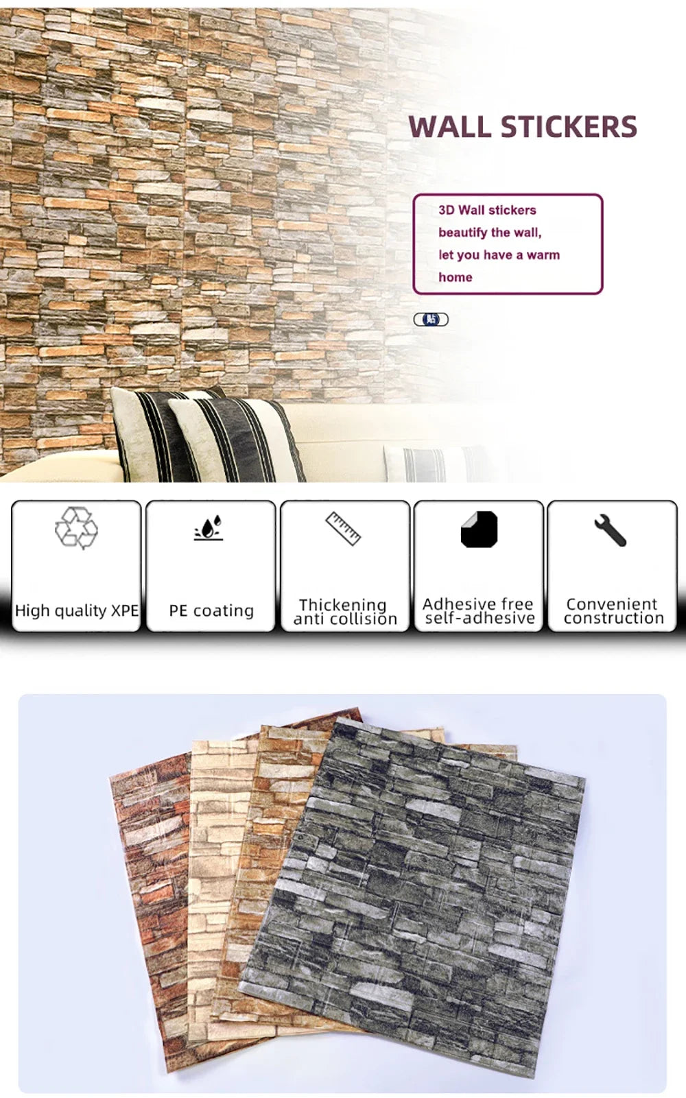 20 Pcs 3D Wall Stickers Brick Pattern Wallpaper DIY Waterproof for Living Room Bedroom Kitchen Background Home Wall Decoration