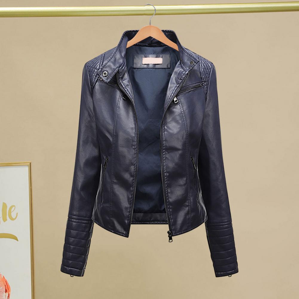 Women Leather Jacket Autumn Outwear Solid Color Slim Fit Faux Leather Jacket Stand Collar Long Sleeve Pockets Zipper Biker Coat