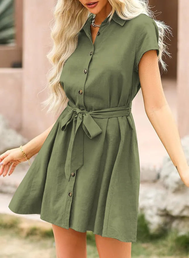 Women's Summer Dress 2024 New Women Lapel Single-breasted Ribbon Women's Summer Sundresses Female Pure Color Commute Dress