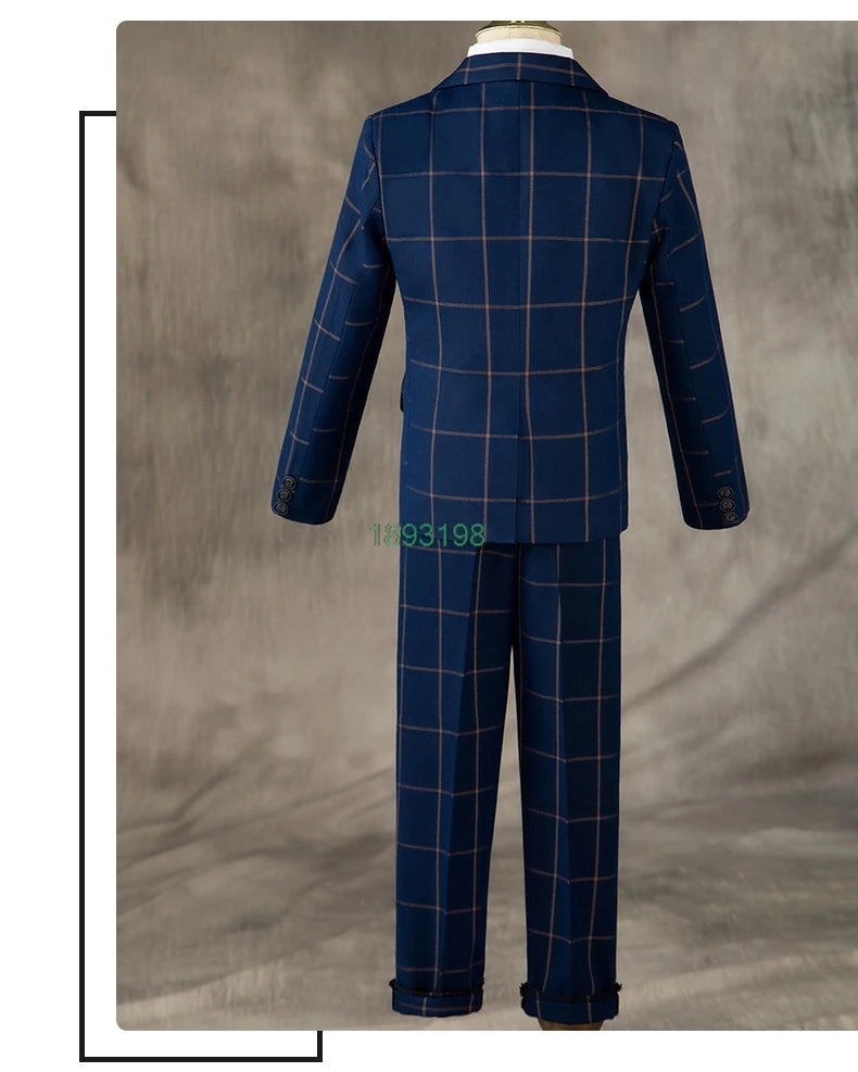 Boys Formal Navy Plaid Suits Set Children Host Piano Performance Birthday Party Photography Costume Kids Blazer Pants