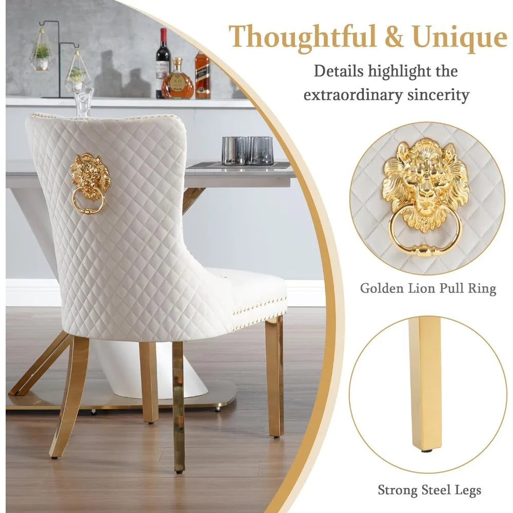 Dining Room Chairs Set of 2,Tufted Upholstered Back Lion Pull Ring, Elegant Rhomboid Pattern Nailhead Trim,Armless Chairs