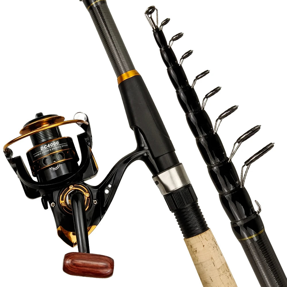 Fishing Rod and Reel Combo 1.8m-3.6m Carbon Fiber Max Pull 3.5kg Telescopic Rod and 5.2:1 Gear Ratio Spinning Reel for Bass Pike