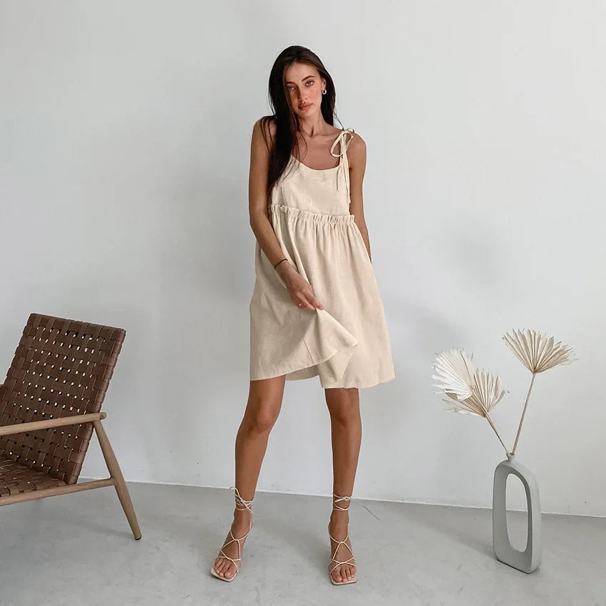 New In Cotton Linen Summer Dress Women 2024 Sexy Sleeveless Bandage Lace Up Chic Elegant Party Club Mini Dresses Beach Sundress