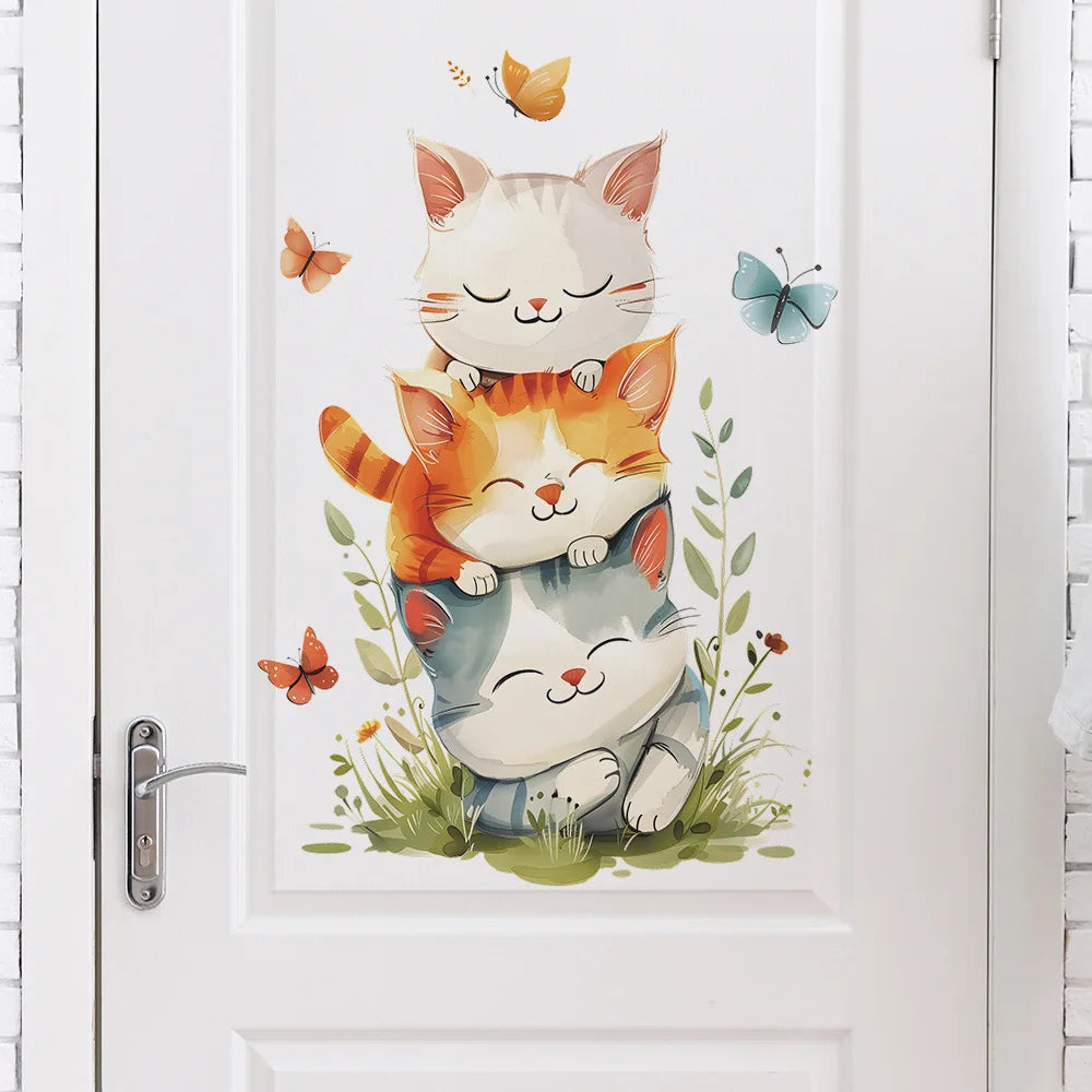 Cute Cats Overlap Wall Stickers Kids Room Decoration Mural Baby Bedroom Home Decor Cartoon Kitten Self-adhesive Decals Beautify