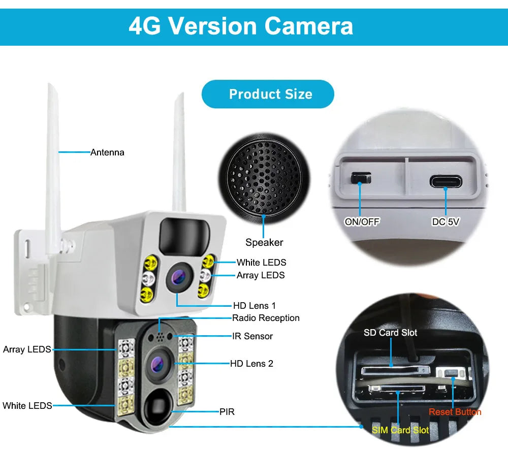 V380 Wireless 4G Sim Card Solar Camera 4K 8MP Dual Lens WiFi Surveillance Camera PIR Security Outdoor Waterproof IP PTZ CCTV