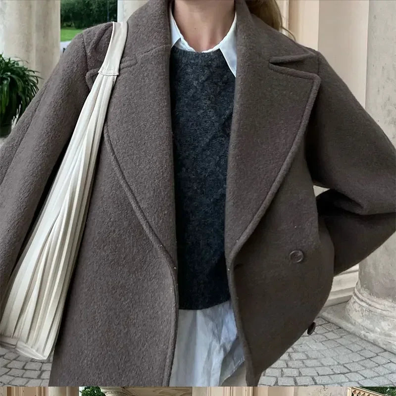 Women Autumn Winter Solid Double Breasted Wool Coat Lapel Long Sleeves Short Blazer Jacket Fashion Lady Warm Chic Outerwear