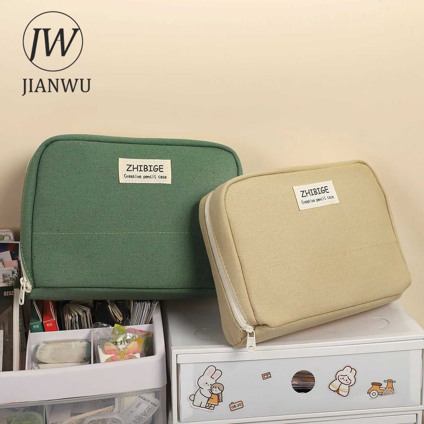 JIANWU Multi-functional Large-capacity Canvas Pencil Case Creative Simple Storage Pencil Case Student Supplies Stationary