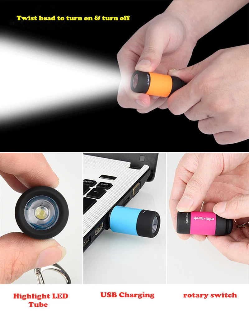 LED Mini Torch Light USB Charging Waterproof Flashlight Outdoor Emergency Lights Keychain Lamp Hiking Camping Portable Lighting