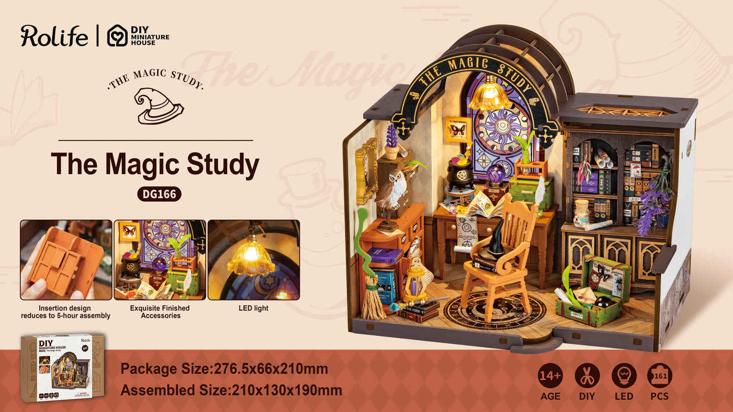 Robotime Magic Study DIY Miniature House Kit with LED and Furniture Wooden Dollhouse Model Building Kit Gift for Children Adults