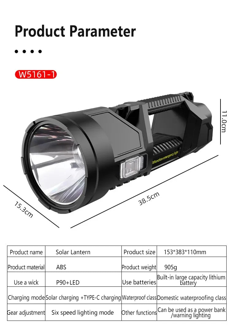 Super Bright XHP70 LED Work Light Handheld Flashlight USB Rechargeable Searchlight Spotlight Waterproof Camping Light Lantern