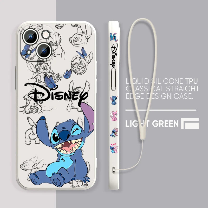 Disney Super Cute Stitch Phone Case For Apple iPhone 15 14 13 12 11 Pro Max Plus 8 7 SE Liquid Left Rope Soft Cover